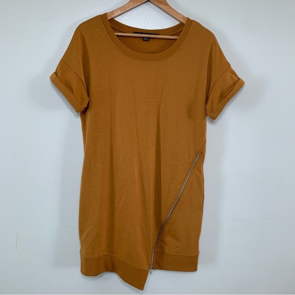 HYFVE Camel Asymmetrical Side Zipper Short Sleeve Mini Dress W/ Pockets Size M